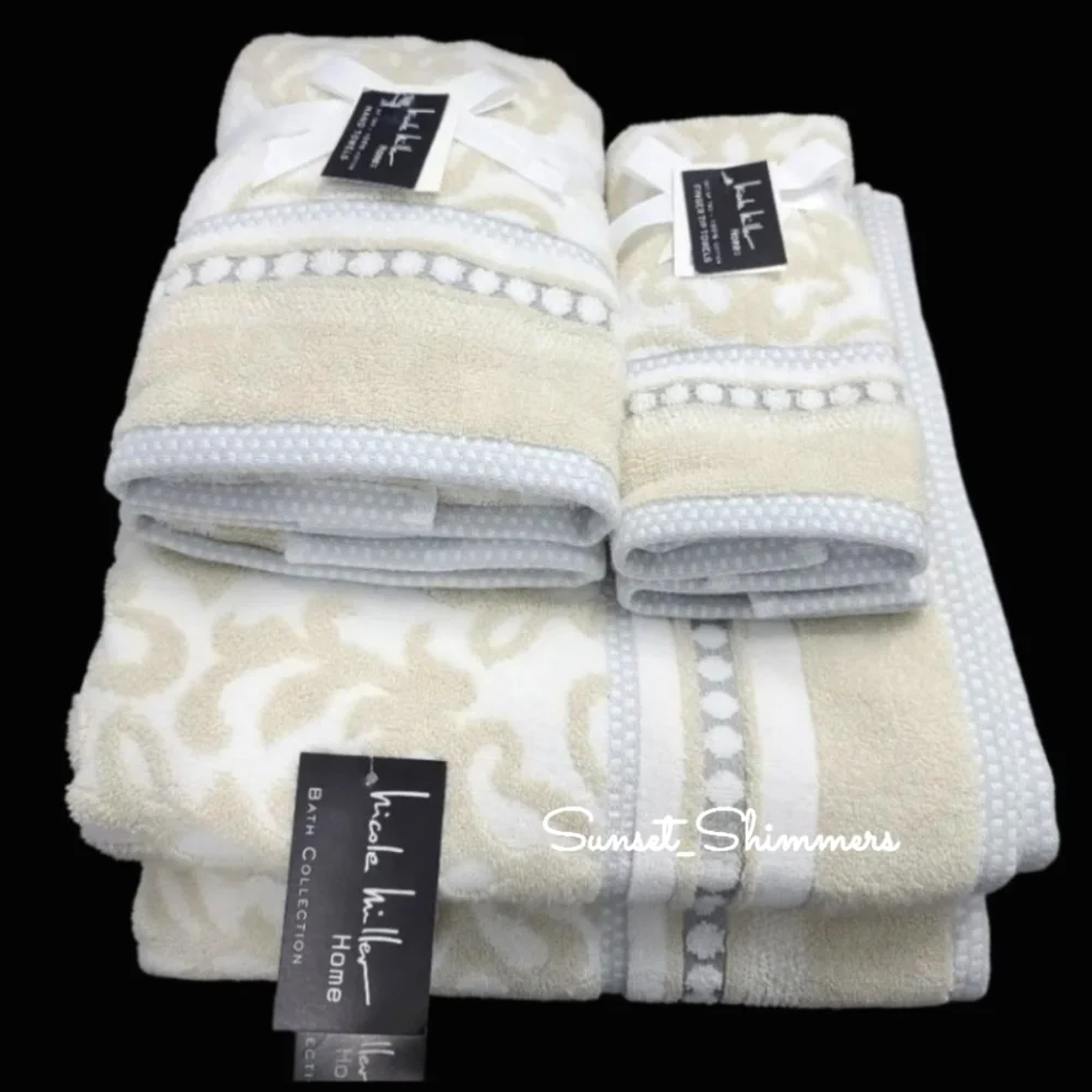 Nicole Miller 6pc Plush Damask Bath Hand Tip Towel Set Tan Gray White Cotton NEW